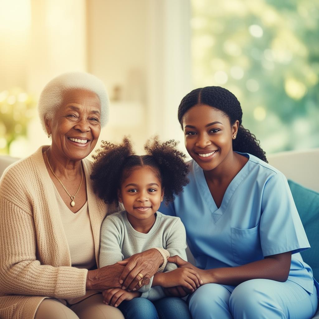 A caregiver, an elderly grandmother, and her granddaughter sharing a warm moment at home